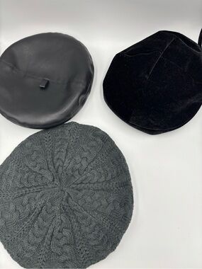 Beret Set: Black Faux Leather, Velvet  and Charcoal Knit